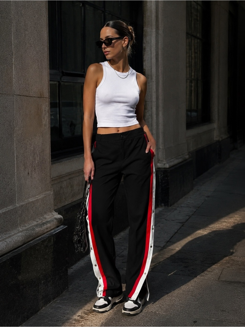 Black Red & White Snap Button Track Pants | Y2K Streetwear